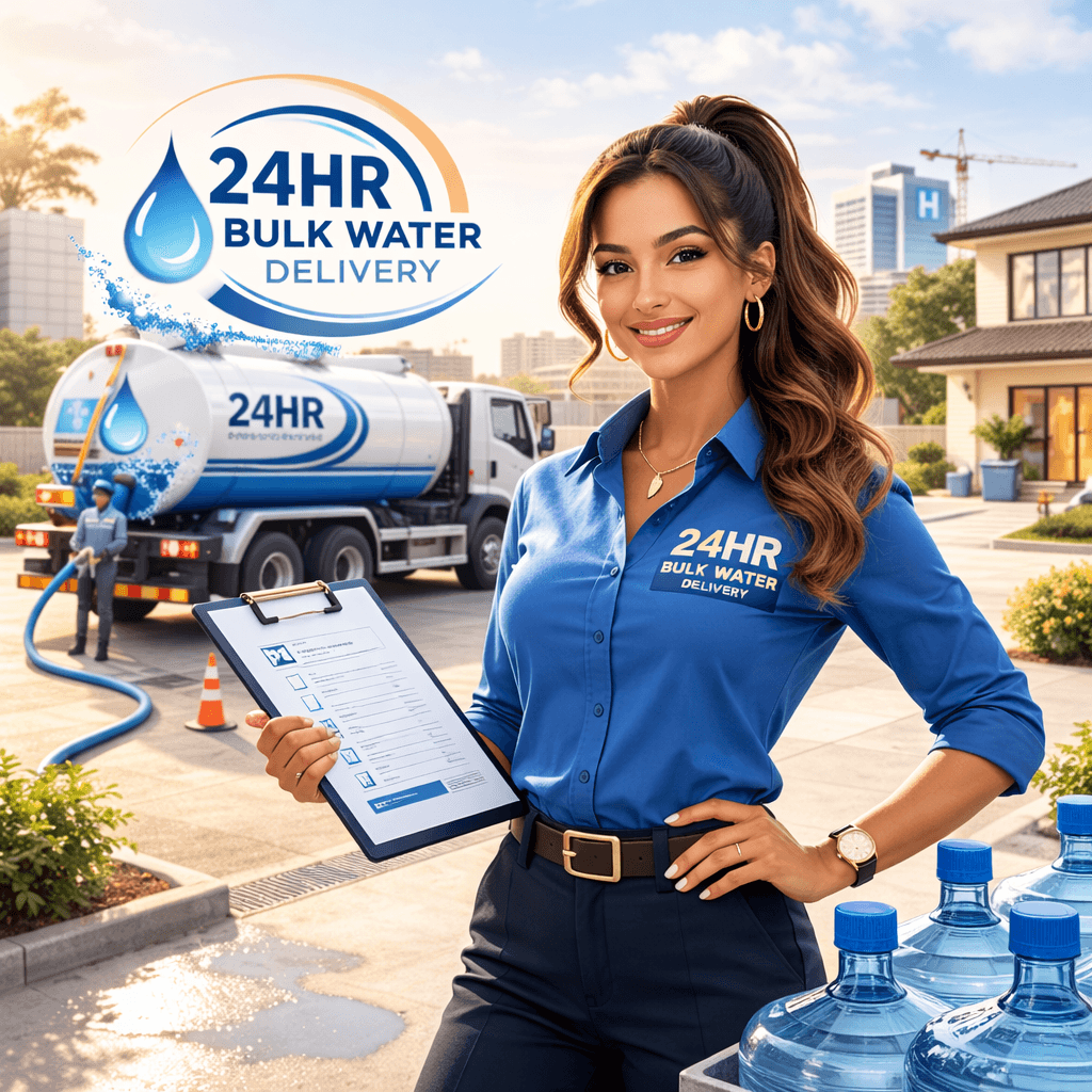 Founder of 24HR Bulk Water Delivery standing proudly near a water delivery truck